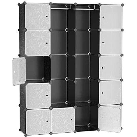 SONGMICS Guardaroba Modulare, Armadietto Fai Da Te, Scaffale A 5 Ripiani 4 Righe Con Scomparti A Cubo, Mobiletto In Plastica, 143 X 36 X 178 Cm, Nero Floreale LPC30H