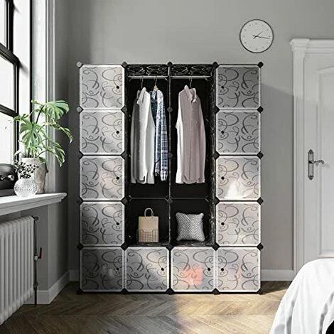 SONGMICS Guardaroba Modulare, Armadietto Fai Da Te, Scaffale A 5 Ripiani 4 Righe Con Scomparti A Cubo, Mobiletto In Plastica, 143 X 36 X 178 Cm, Nero Floreale LPC30H - immagine 2