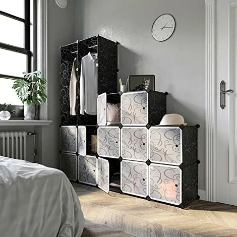 SONGMICS Guardaroba Modulare, Armadietto Fai Da Te, Scaffale A 5 Ripiani 4 Righe Con Scomparti A Cubo, Mobiletto In Plastica, 143 X 36 X 178 Cm, Nero Floreale LPC30H - immagine 3