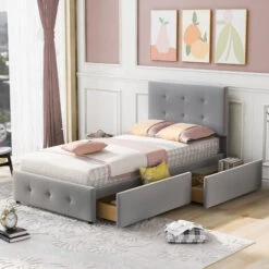 Letto Singolo 90 X 200 Cm Letto Imbottito Con Rete A Doghe, Schienale E 2 Cassetti Per Bambini, Velluto Grigio