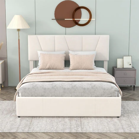 Letto Imbottito Matrimoniale 160x200 Cm Con 4 Cassetti, Giroletto A Piattaforma, Testiera Regolabile - Beige - immagine 2
