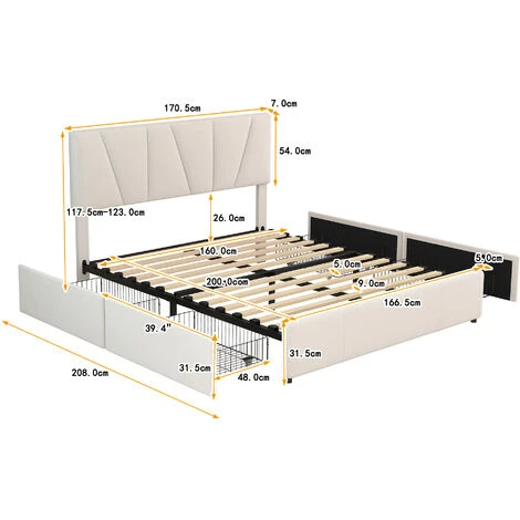 Letto Imbottito Matrimoniale 160x200 Cm Con 4 Cassetti, Giroletto A Piattaforma, Testiera Regolabile - Beige - immagine 3