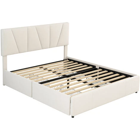 Letto Imbottito Matrimoniale 160x200 Cm Con 4 Cassetti, Giroletto A Piattaforma, Testiera Regolabile - Beige - immagine 5