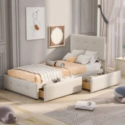 Letto Singolo 90 X 200 Cm Letto Imbottito Con Rete A Doghe, Schienale E 2 Cassetti Per Bambini, Velluto Beige