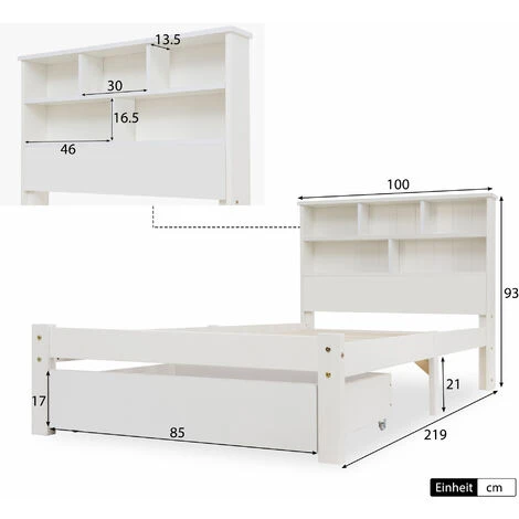 Letto Singolo In Legno Massello Bianco Con Cassetto E Testiera - 90x200cm - immagine 3