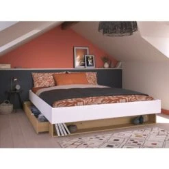 Letto Con Cassetto E Nicchia 160 X 200 Cm Bianco E Naturale - MISTA