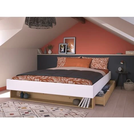 Letto Con Cassetto E Nicchia 160 X 200 Cm Bianco E Naturale - MISTA - immagine 2