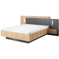 Letto Con Comodini 160 X 200 Cm 2 Cassetti Con LED Naturale E Antracite - FRANCOLI