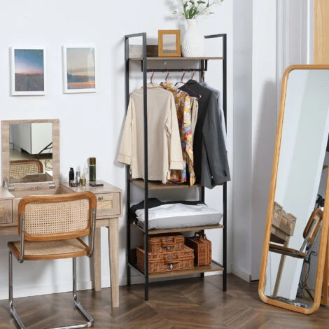 HOMCOM Appendiabiti Da Terra Con 1 Asta E 4 Ripiani Aperti In Truciolato E Acciaio, 60x40x180 Cm, Marrone - immagine 2