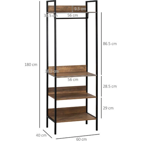 HOMCOM Appendiabiti Da Terra Con 1 Asta E 4 Ripiani Aperti In Truciolato E Acciaio, 60x40x180 Cm, Marrone - immagine 3