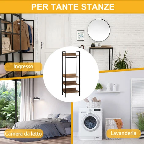 HOMCOM Appendiabiti Da Terra Con 1 Asta E 4 Ripiani Aperti In Truciolato E Acciaio, 60x40x180 Cm, Marrone - immagine 4