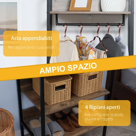 HOMCOM Appendiabiti Da Terra Con 1 Asta E 4 Ripiani Aperti In Truciolato E Acciaio, 60x40x180 Cm, Marrone - immagine 5