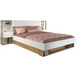 Letto Con Comodini E Scomparti 160 X 200 Cm Bianco E Naturale - MISTA
