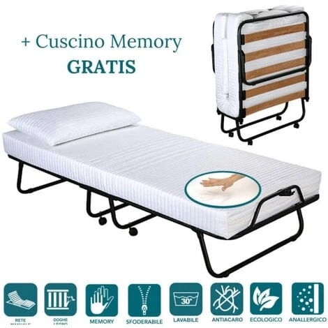 EVERGREENWEB - Brandina Pieghevole Con Materasso Memory Foam 90x200 Cm Alto 12 Cm + Cuscino Gratis, Rivestimento Sfoderabile Rete Singola A Doghe Legno Ortopedica, Letto Salvaspazio Offerta