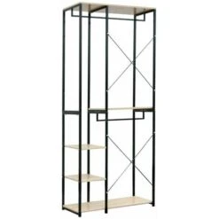WOLTU Attaccapanni Stand Appendiabiti Con Scaffali Legno Metallo 90x40x204.5cm Nero + Rovere Chiaro