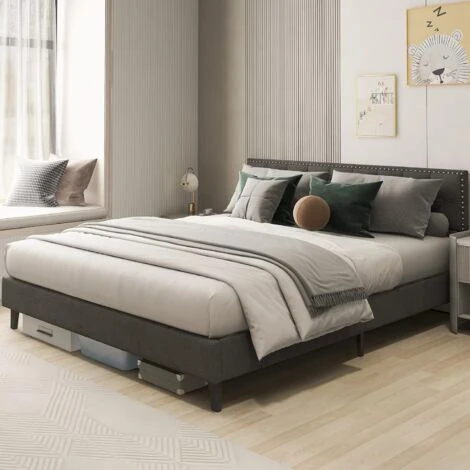 COSTWAY Telaio Del Letto A Piattaforma Imbottito, Struttura Letto Moderna Con Testiera, Piattaforma Letto Con Doghe In Legno, Carico Massimo 450kg (200 X 180 Cm)