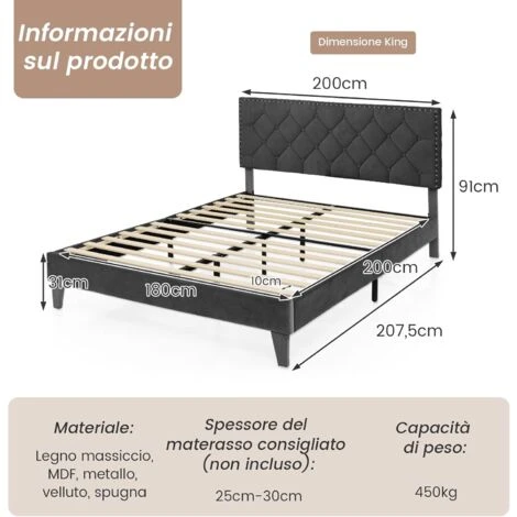 COSTWAY Telaio Del Letto A Piattaforma Imbottito, Struttura Letto Moderna Con Testiera, Piattaforma Letto Con Doghe In Legno, Carico Massimo 450kg (200 X 180 Cm) - immagine 5