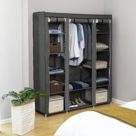 Songmics XXL Armadio Cabina Guardaroba Appendiabiti In Acciaio Tessuto TNT 3 Ante Richiudibile Con Cerniera 175 X 150 X 45cm Grigio - immagine 2