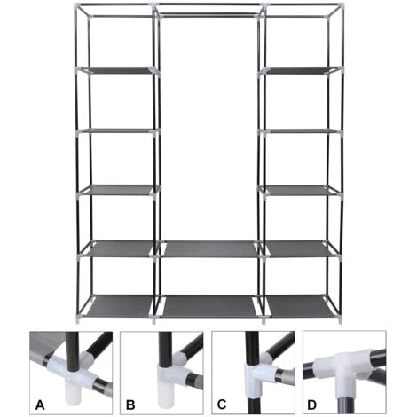 Songmics XXL Armadio Cabina Guardaroba Appendiabiti In Acciaio Tessuto TNT 3 Ante Richiudibile Con Cerniera 175 X 150 X 45cm Grigio - immagine 4