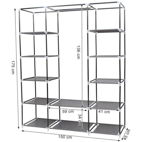 Songmics XXL Armadio Cabina Guardaroba Appendiabiti In Acciaio Tessuto TNT 3 Ante Richiudibile Con Cerniera 175 X 150 X 45cm Grigio - immagine 5