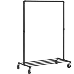 Songmics Appendiabiti In Stile Industriale Di Tubo Con Rotelle, Carico Massimo 90kg, Barra Singola Per Appendere Abbigliamento, Struttura In Metallo Per Uso Gravoso, Camera Da Letto, Lavanderia, Nero