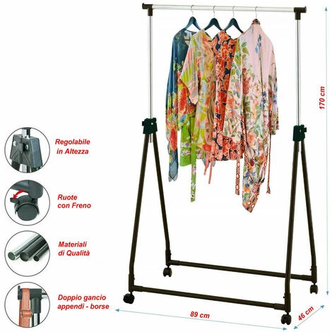 Stand Appendiabiti Pieghevole In Acciaio Asta Allungabile Regolabile Con Ruote - immagine 3