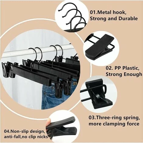 Set Di 10 Appendini Porta Pantaloni, Appendini Porta Gonne, Con 2 Clip Antiscivolo E Regolabili, Per Appendere Pantaloni, Calzini, Gonne - Nero - immagine 4